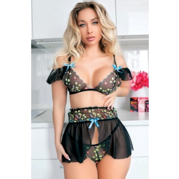 Night Light Kadın Siyah Fantezi Etekli Brode Gecelik 1068