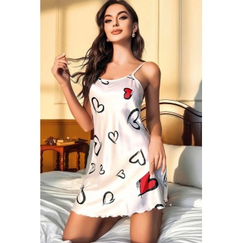 Night Light Kadın Beyaz Kalp Desenli Saten Mini Gecelik 3646