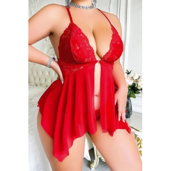Night Light Kadın Kırmızı Üst Kısmı Dantel Alt Kısmı Likralı Tül Fantezi Büyük Beden Gecelik 3669