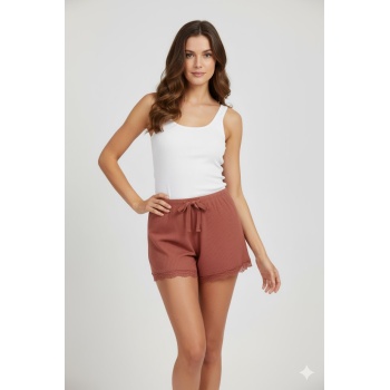 Bambu Fitilli Kadın Ev Şortu Bacak Dantel Detaylı Ev Giyim Taba