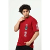 Bordo Ön ve Kol Baskılı Erkek Oversize Kısa Kollu T-Shirt