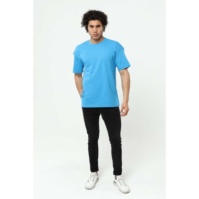 Walk By Faith Baskılı Mavi Erkek Oversize T-Shirt