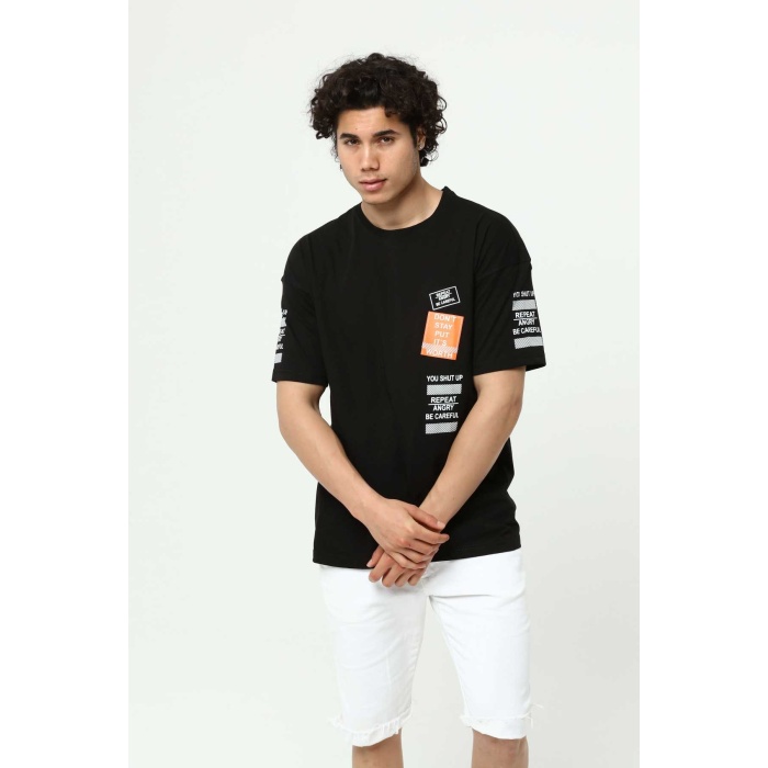 Siyah Ön ve Kol Baskılı Erkek Oversize Kısa Kollu T-Shirt