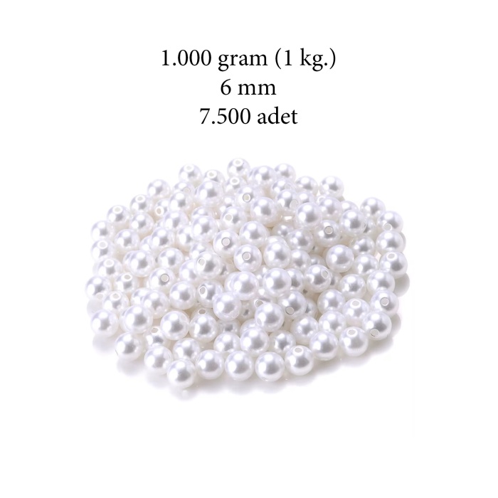 1.000 gram (1 kg.) 6mm Beyaz Renk Plastik İnci Boncuk Çanta ve Takı Yapım Boncuğu (~7.500 adet)