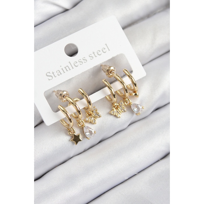 Pirinç Zirkon Taşlı Yıldız Ve Kelebek Model Gold Renk Kadın Küpe - TJ-BKP11108