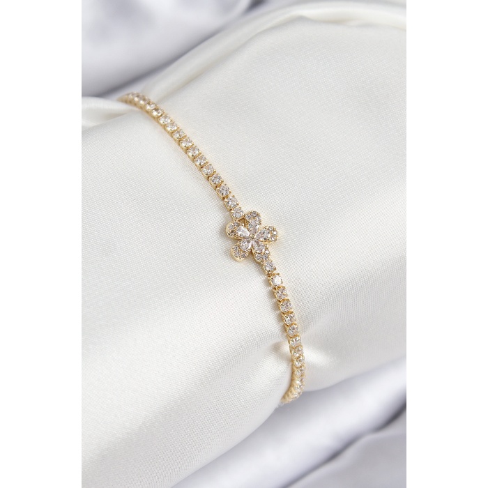 Pirinç Zirkon Taşlı Çiçek Model Gold Renk Kadın Bileklik - TJ-BB7709