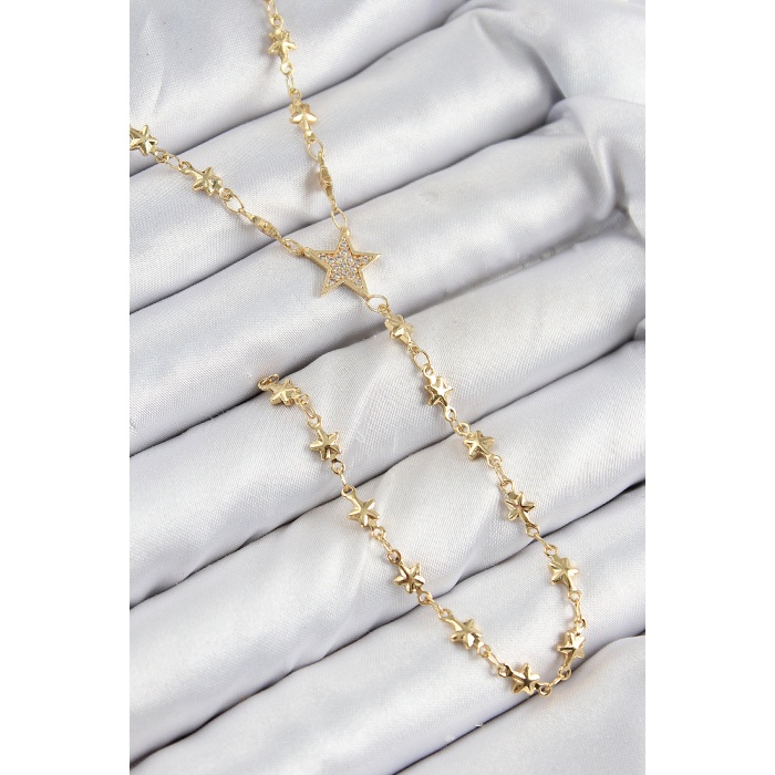 Pirinç Zirkon Taşlı Yıldız Model Gold Renk Y Kolye - TJ-BKO10459