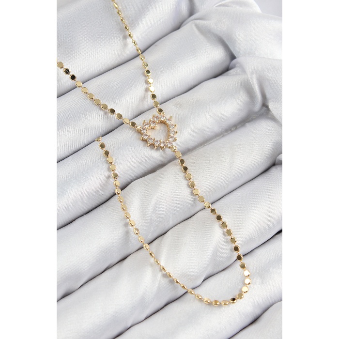 Pirinç Zirkon Taşlı Ezme Zincirli Kalp Model Gold Renk Y Kolye - TJ-BKO10461