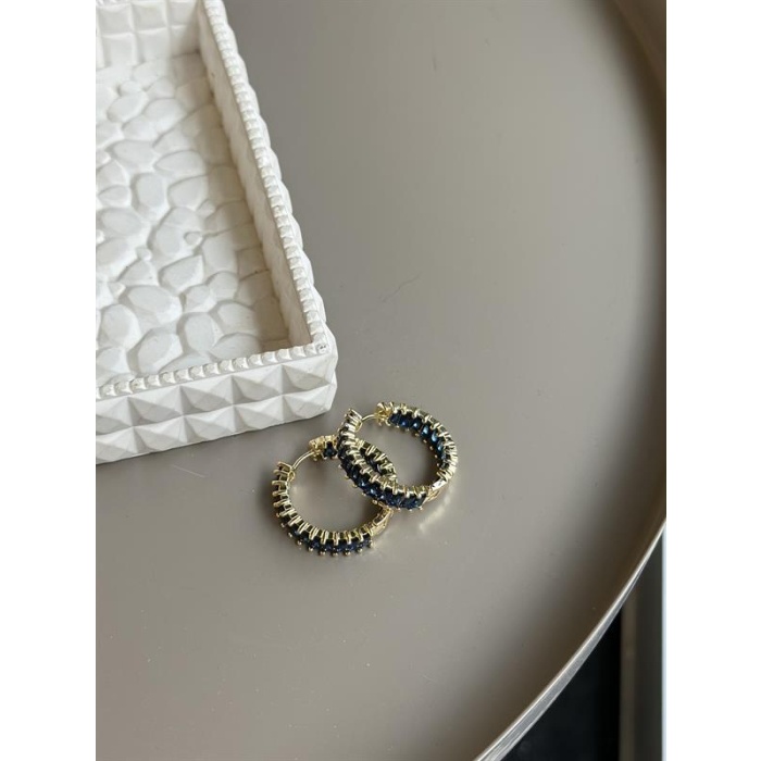 Taşlı Halka Küpe - Lacivert