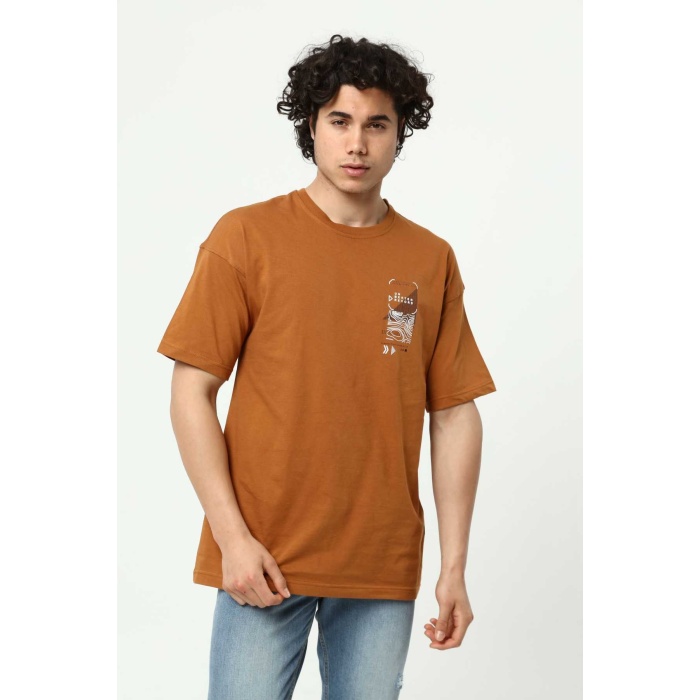 Kahve Erkek Baskılı Oversize T-Shirt