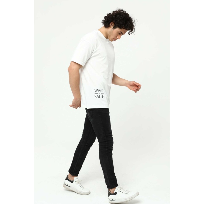 Walk By Faith Baskılı Beyaz Erkek Oversize T-Shirt