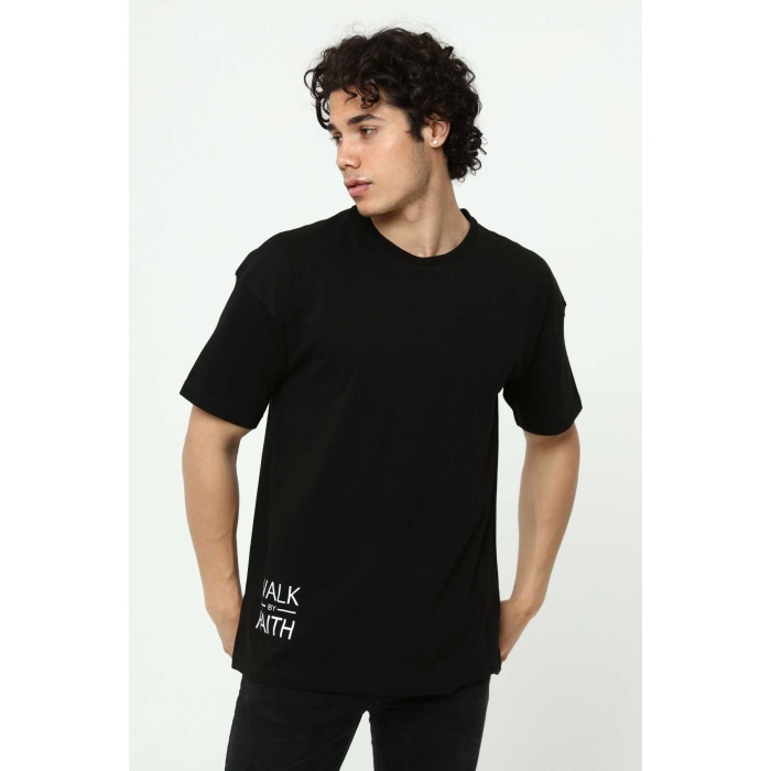 Walk By Faith Baskılı Siyah Erkek Oversize T-Shirt