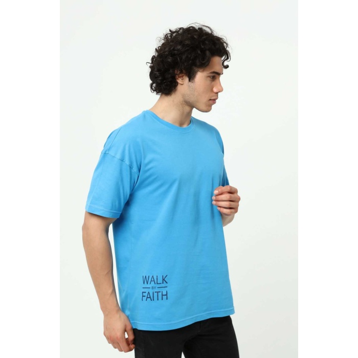 Walk By Faith Baskılı Mavi Erkek Oversize T-Shirt