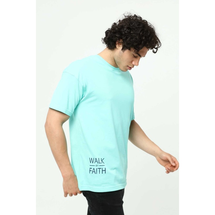 Walk By Faith Baskılı Su Yeşili Erkek Oversize T-Shirt