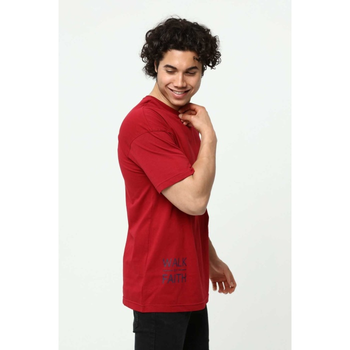 Walk By Faith Baskılı Bordo Erkek Oversize T-Shirt