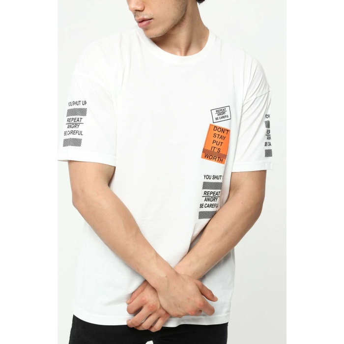 Beyaz Ön ve Kol Baskılı Erkek Oversize Kısa Kollu T-Shirt