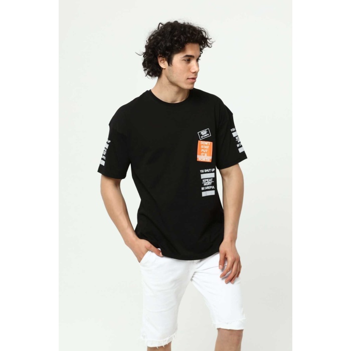 Siyah Ön ve Kol Baskılı Erkek Oversize Kısa Kollu T-Shirt