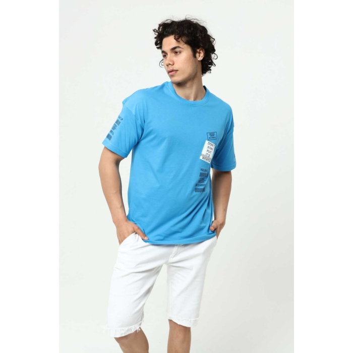 Mavi Ön ve Kol Baskılı Erkek Oversize Kısa Kollu T-Shirt