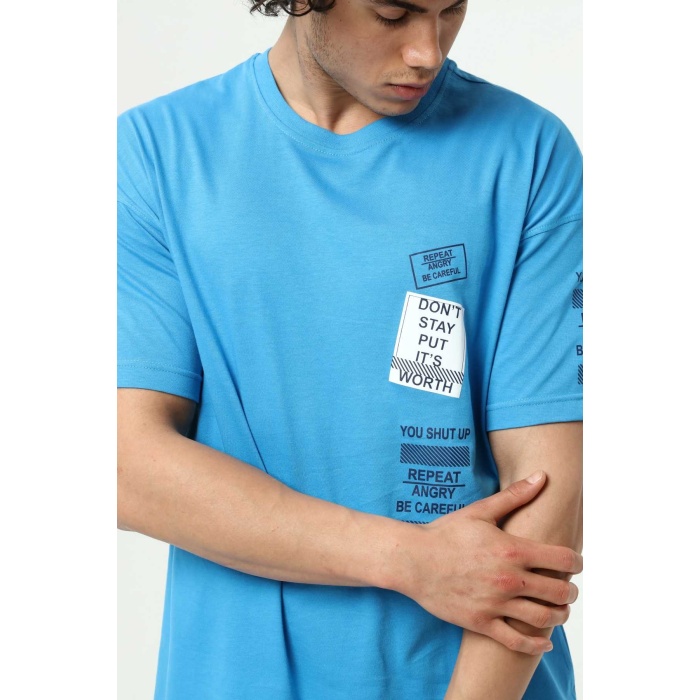Mavi Ön ve Kol Baskılı Erkek Oversize Kısa Kollu T-Shirt