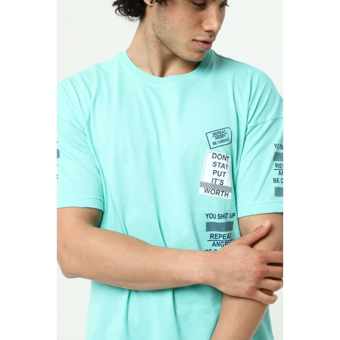 Su Yeşili Ön ve Kol Baskılı Erkek Oversize Kısa Kollu T-Shirt