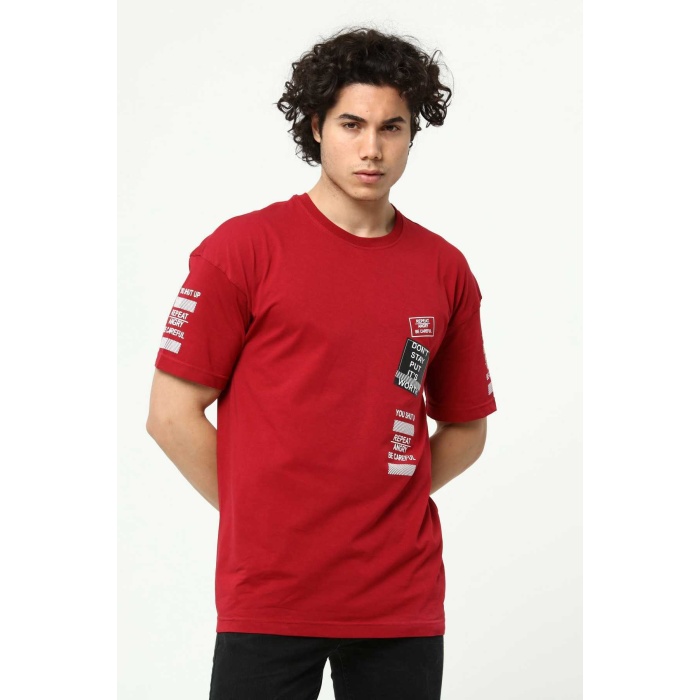 Bordo Ön ve Kol Baskılı Erkek Oversize Kısa Kollu T-Shirt