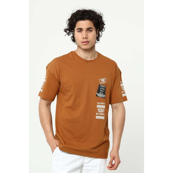 Kahve Ön ve Kol Baskılı Erkek Oversize Kısa Kollu T-Shirt