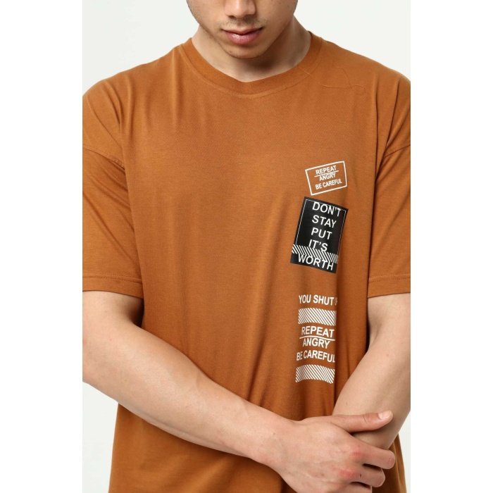 Kahve Ön ve Kol Baskılı Erkek Oversize Kısa Kollu T-Shirt