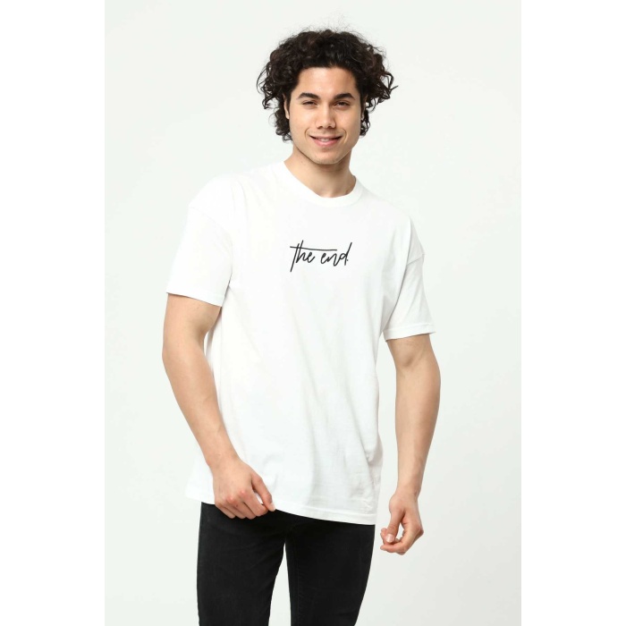 Beyaz The End Nakış 3 Boyut Baskılı Erkek Oversize T-Shirt