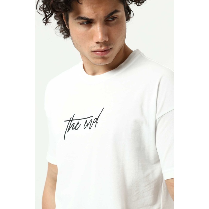 Beyaz The End Nakış 3 Boyut Baskılı Erkek Oversize T-Shirt