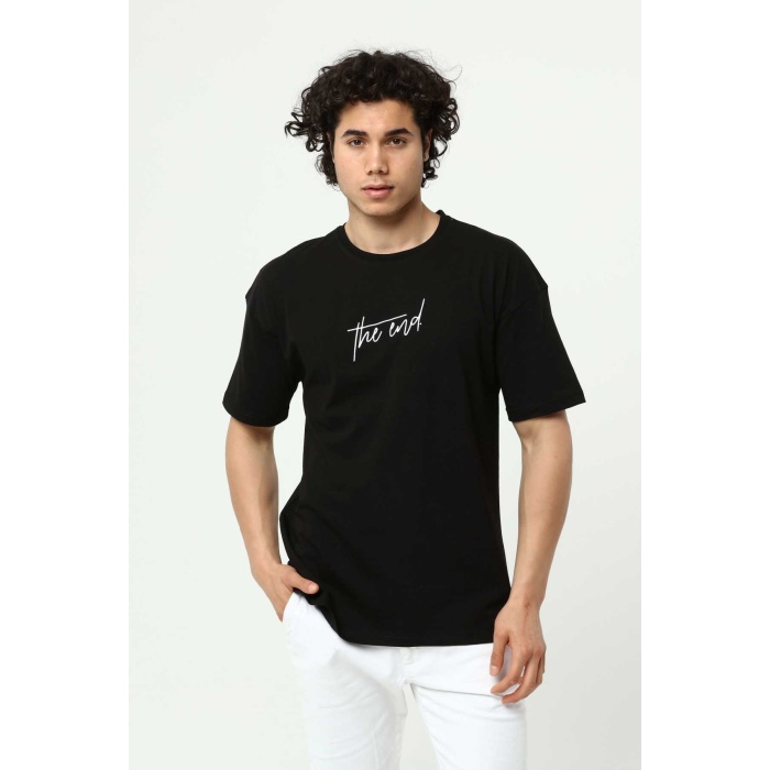 Siyah The End Nakış 3 Boyut Baskılı Erkek Oversize T-Shirt