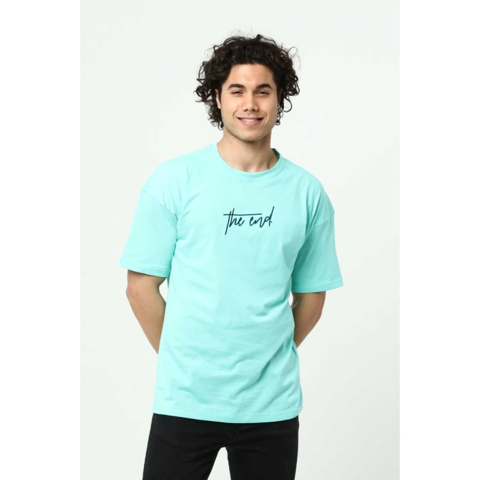 Su Yeşili The End Nakış 3 Boyut Baskılı Erkek Oversize T-Shirt