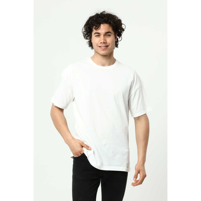 Beyaz Erkek Basic Oversize Bisiklet Yaka Kısa Kollu T-Shirt