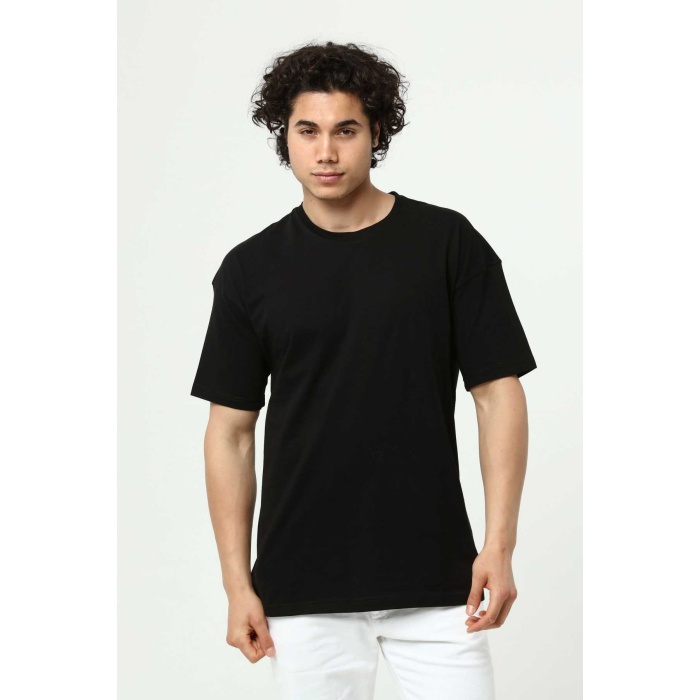 Siyah Erkek Basic Oversize Bisiklet Yaka Kısa Kollu T-Shirt