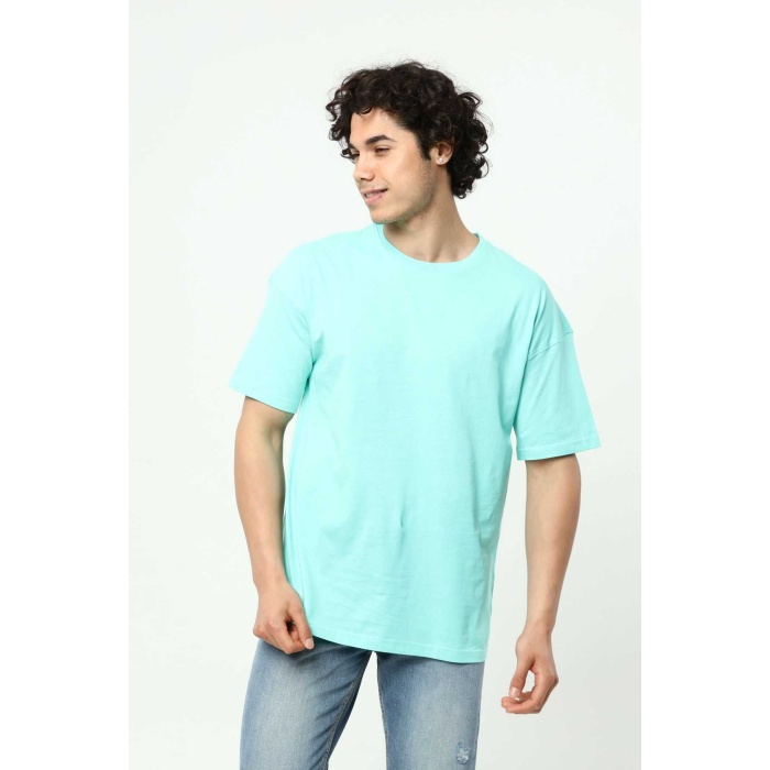 Su Yeşili Erkek Basic Oversize Bisiklet Yaka Kısa Kollu T-Shirt
