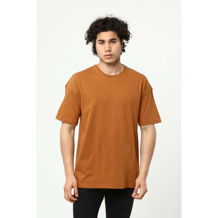 Kahve Erkek Basic Oversize Bisiklet Yaka Kısa Kollu T-Shirt