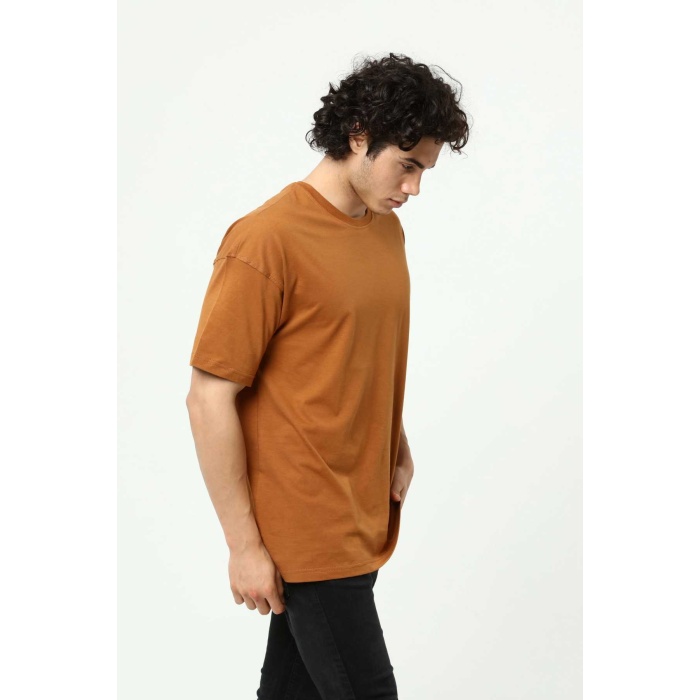 Kahve Erkek Basic Oversize Bisiklet Yaka Kısa Kollu T-Shirt