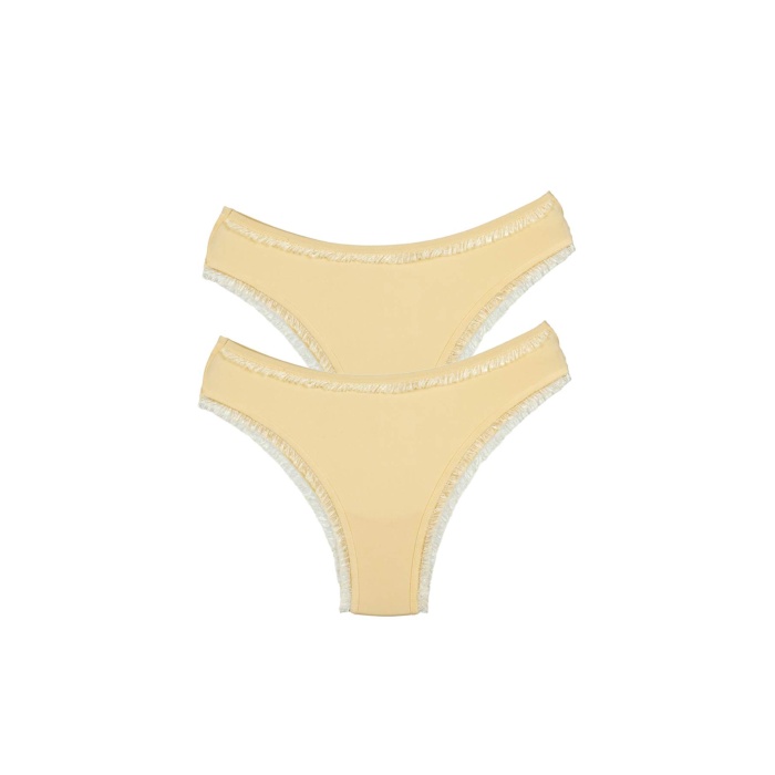 2 Adet Kadın Mikro Bikini Külot İnce Lastik FırFır Kenarlı Yumuşak Doku İç Giyim Ten