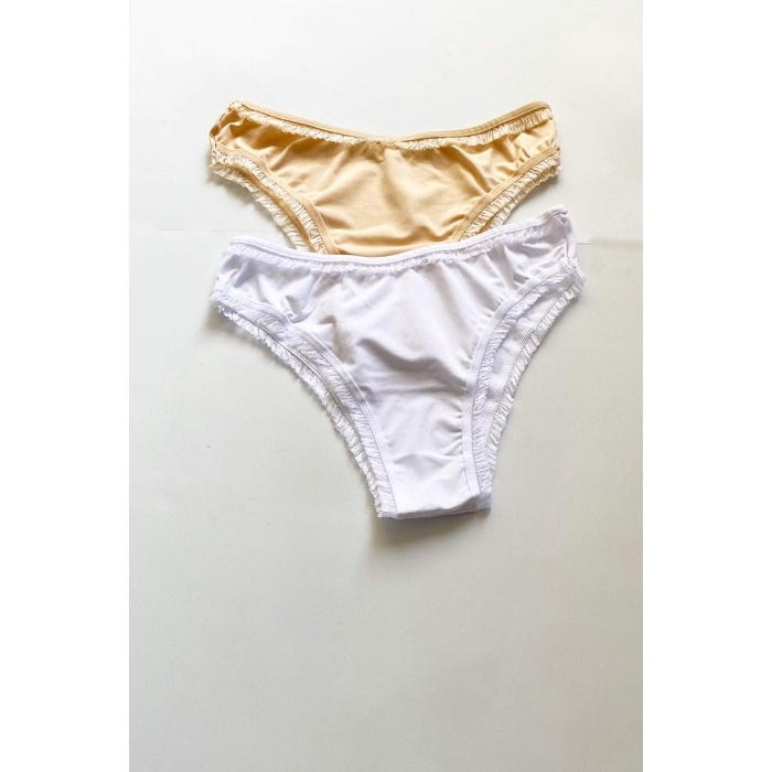 2 Adet Kadın Mikro Bikini Külot İnce Lastik FırFır Kenarlı Yumuşak Doku İç Giyim Beyaz Ten