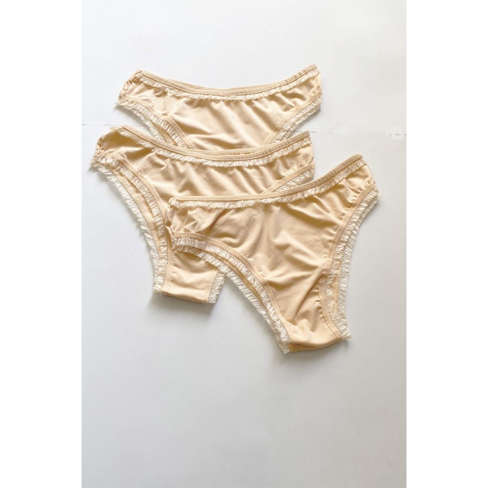 3 Adet Kadın Mikro Bikini Külot İnce Lastik FırFır Kenarlı Yumuşak Doku İç Giyim Ten