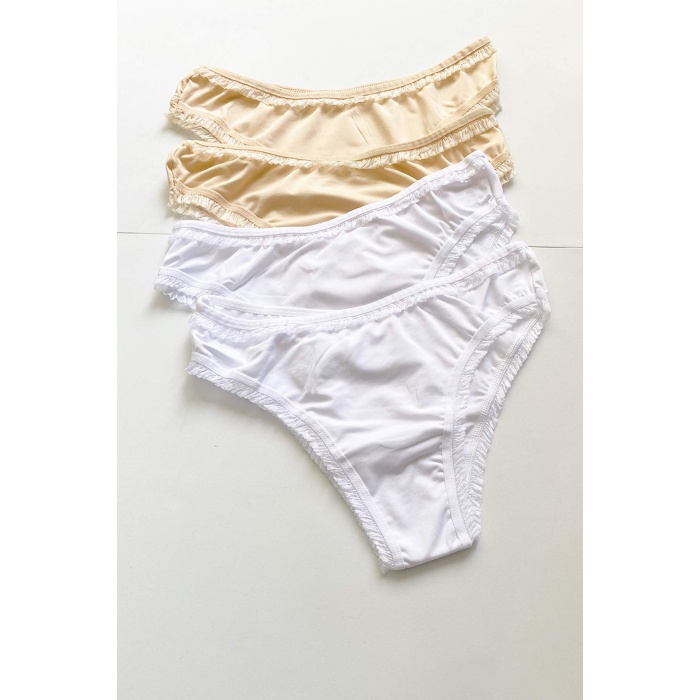 4 Adet Kadın Mikro Bikini Külot İnce Lastik FırFır Kenarlı Yumuşak Doku İç Giyim Beyaz Ten