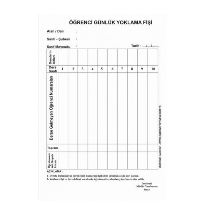 Kocaoluk Yoklama Fişli Ders Defteri 10 Derslik