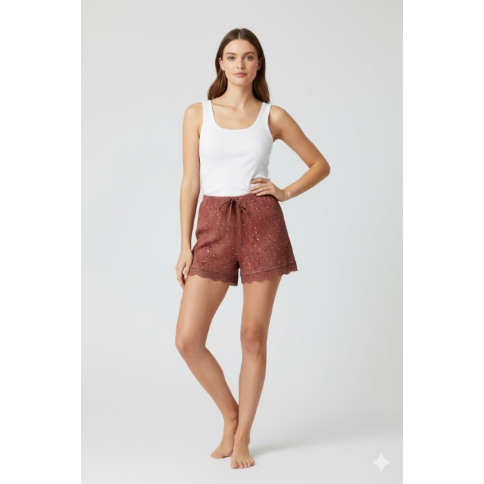 Düz Renk Mini Çiçek Desenli Penye Kadın Ev Şortu Bacak Dantel Detaylı Ev Giyim Taba