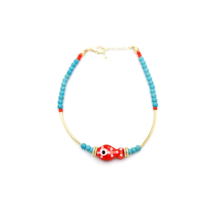 Boncuklu Balık Halhal - Kırmızı