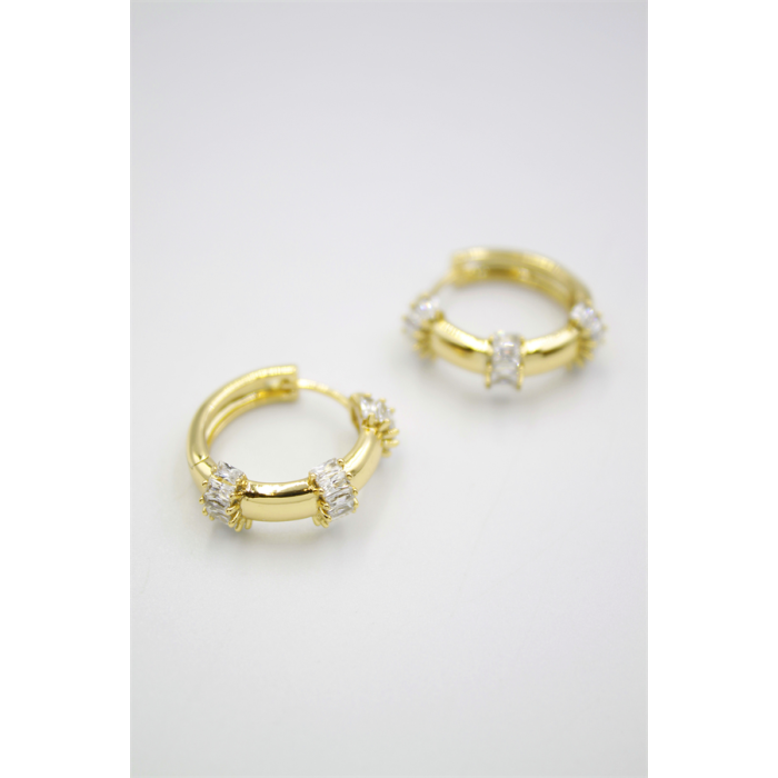 Taşlı Halka Küpe - 14K Altın