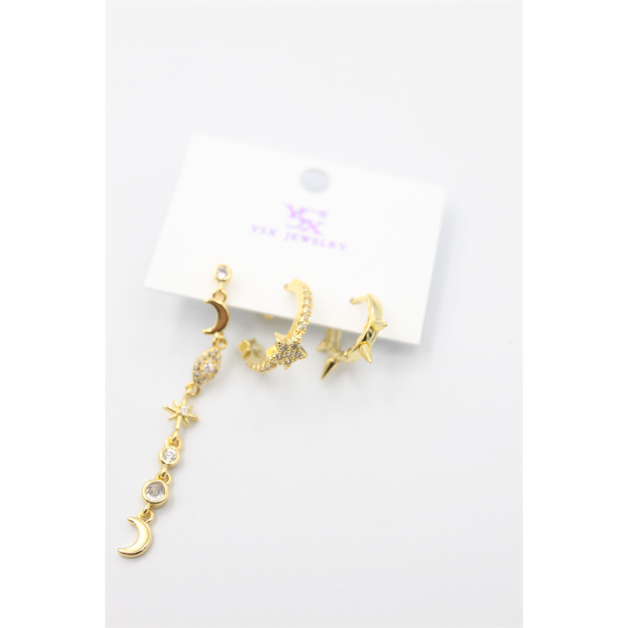 3lü Ay Yıldız Küpe - Altın