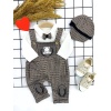 Papyonlu Kırçıl Nakış Detaylı Kasket Şapkalı Uzun Kollu 3lü Erkek Bebek Salopet Takımı