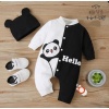 3-6-9-12 Ay Kulaklı Şapkalı Hello Panda Baskılı Çıtçıt Kapama Kız Erkek Bebek Tulumu(ayakkabısız)