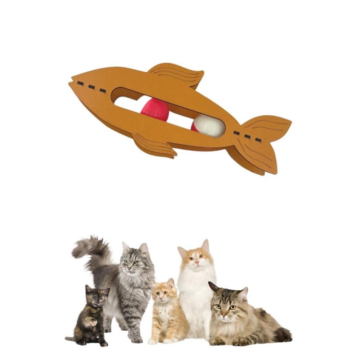 Kediler İçin Ahşap 2 Toplu Eğimli  Sevimli Balık Şeklinde Eğitim Amaçlı Oyuncak (4434)