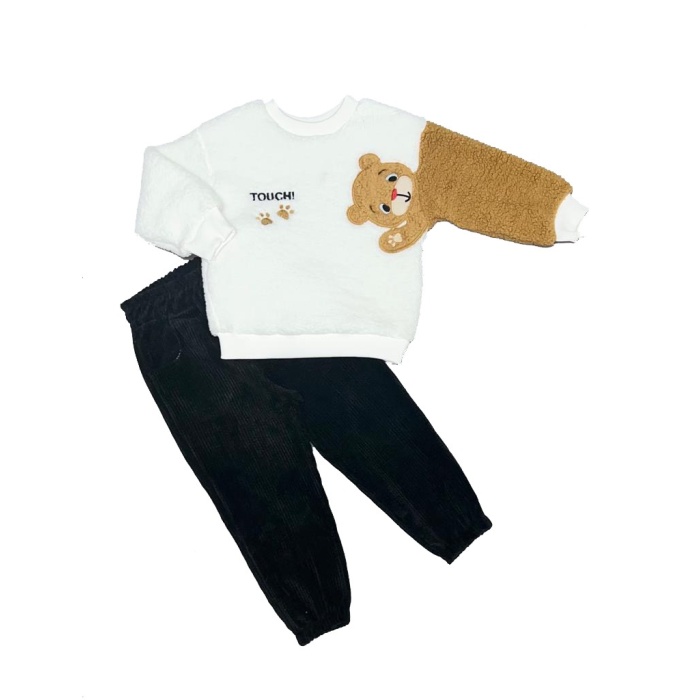 1-2-3 Ayıcık Kollu Kuzu Kumaş Sweat Kadife Pantolonlu Kız-erkek 2li Çocuk Takımı