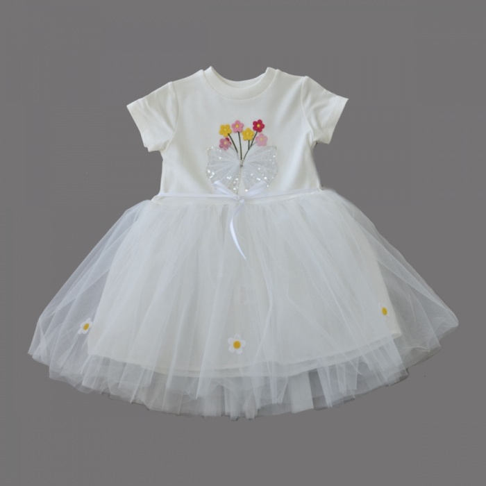 Tül Fiyonk Çiçekler Nakışlı Astarlı Kız Bebek Tütü Elbisesi